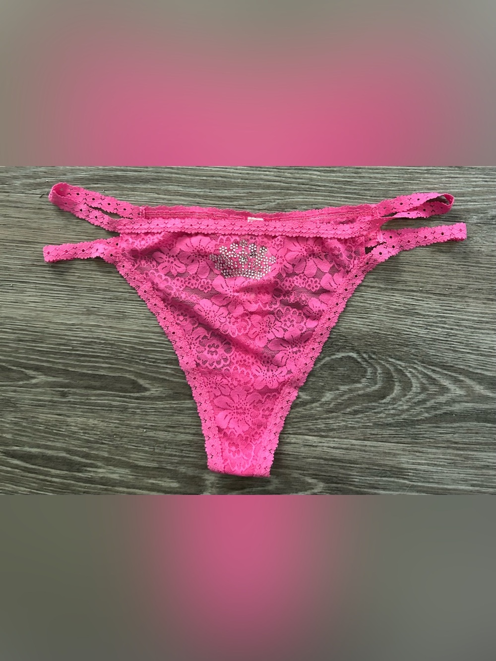 PINK Victoria's Secret Hot Pink Lace Rhinestone Thong